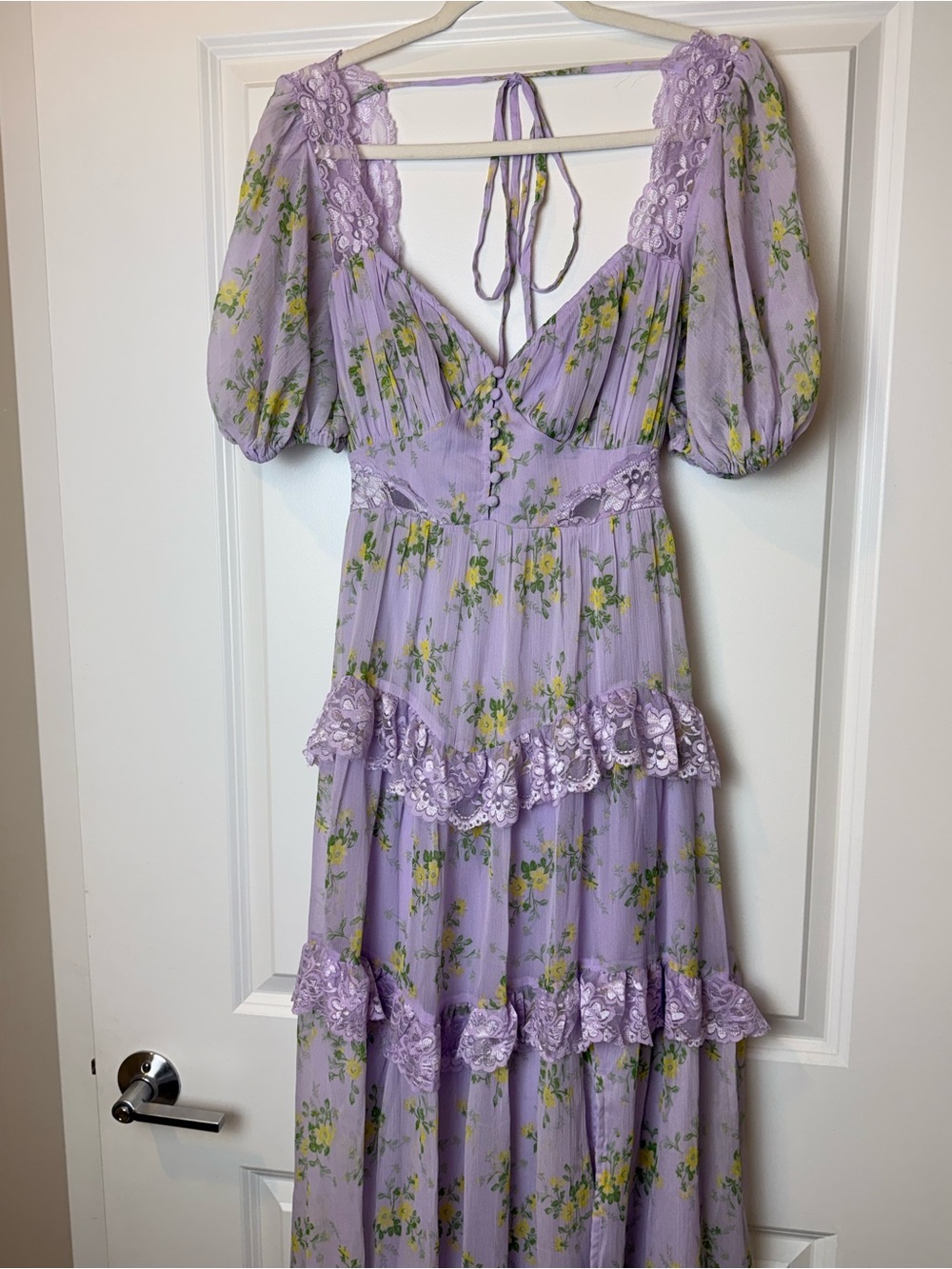 ASOS DESIGN Open Back Lace Insert Midi Tea Dress in Lilac Ditsy Floral US 6 - Picture 6 of 13